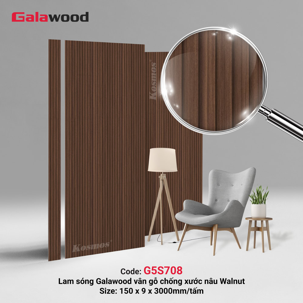 G5S708 là tấm ốp lam sóng đồng màu than tre Galawood vân gỗ chống xước nâu walnut