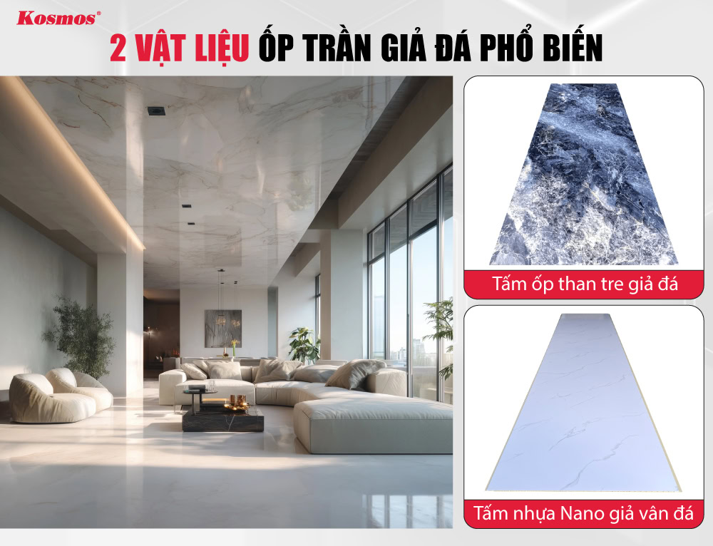 Hai vật liệu ốp trần giả đá phổ biến gồm tấm than tre và tấm nhựa vân đá