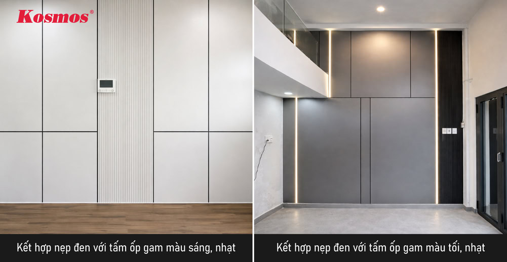 Hai ý tưởng kết hợp nẹp màu đen với tấm ốp, vật liệu nội thất