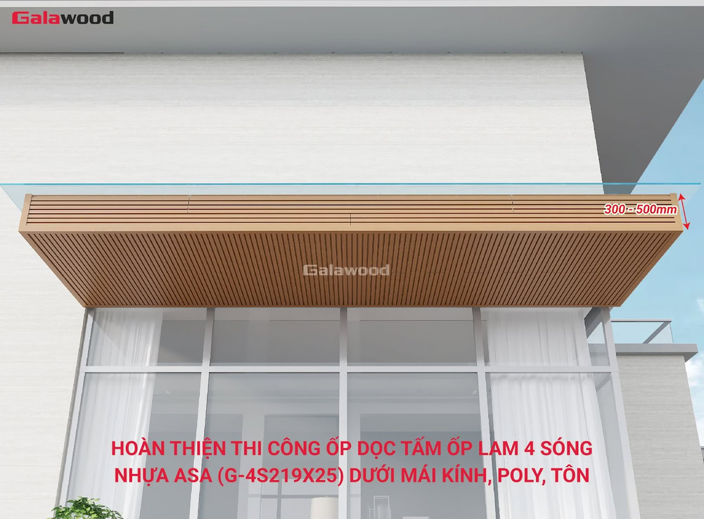 Hình công trình ốp dọc lam 4 sóng nhựa ASA G-4S219X25 dưới mái kính, poly, tôn