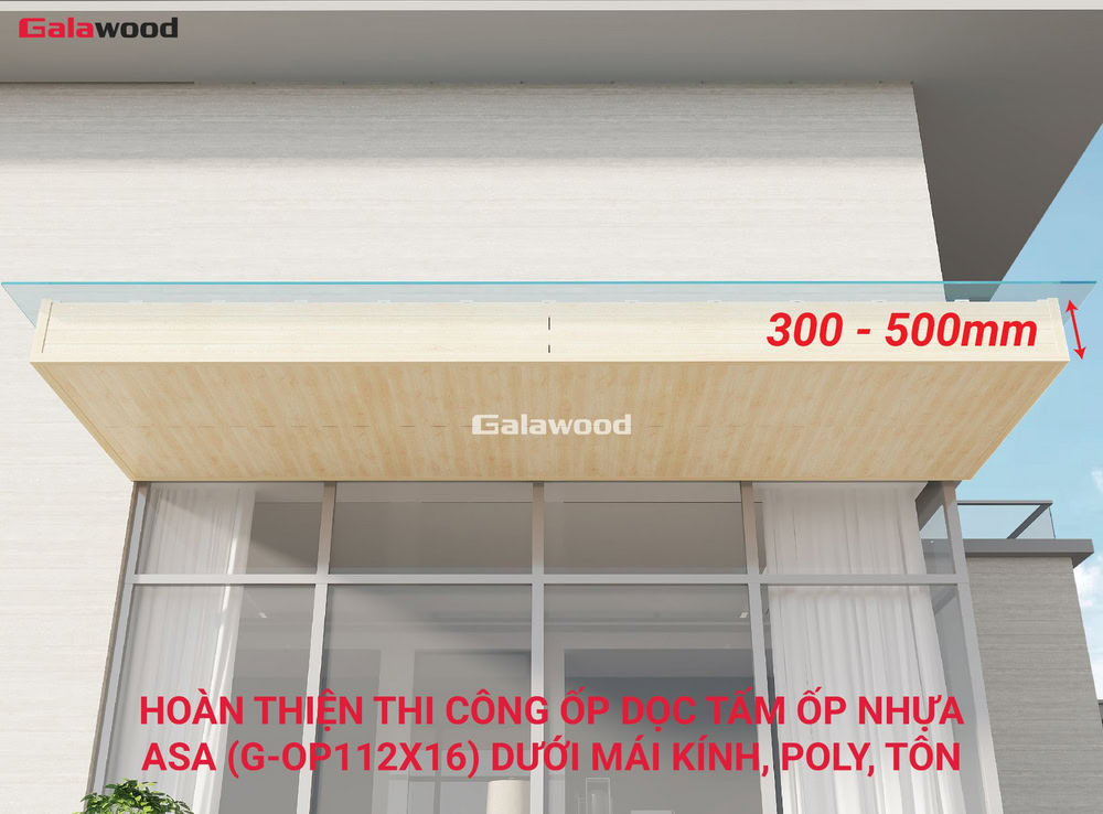 Hình công trình ốp dọc tấm nhựa ASA G-OP112X16 dưới mái kính, poly, tôn