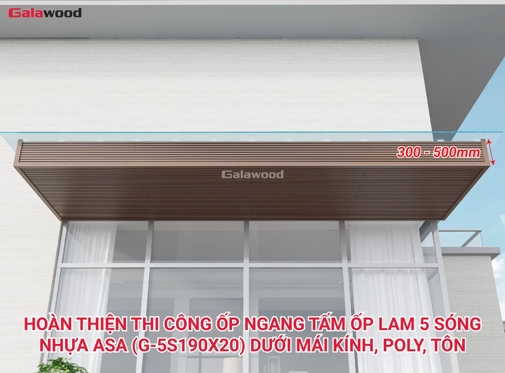Hình công trình ốp ngang lam 5 sóng nhựa ASA G-5S190X20 dưới mái kính, poly, tôn