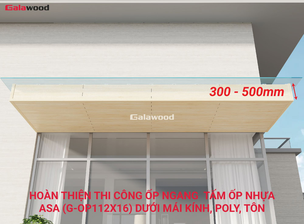 Hình công trình ốp ngang tấm nhựa ASA G-OP112X16 dưới mái kính, poly, tôn