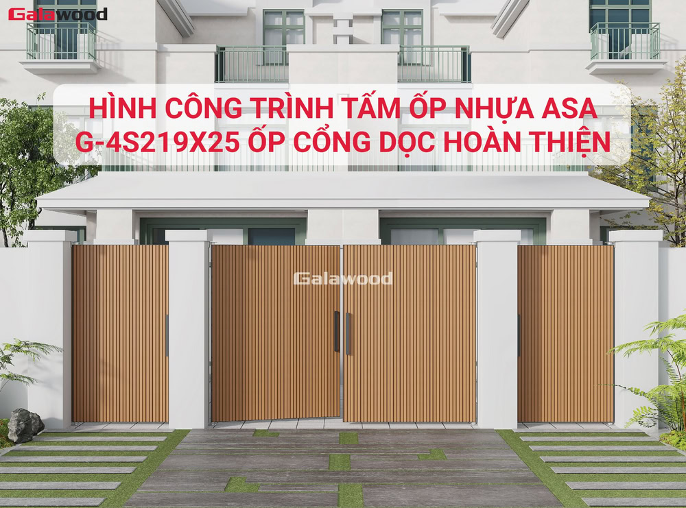 Hình công trình thi công lam 4 sóng nhựa ASA G-4S219X25 ốp dọc lên cổng hoàn thiện