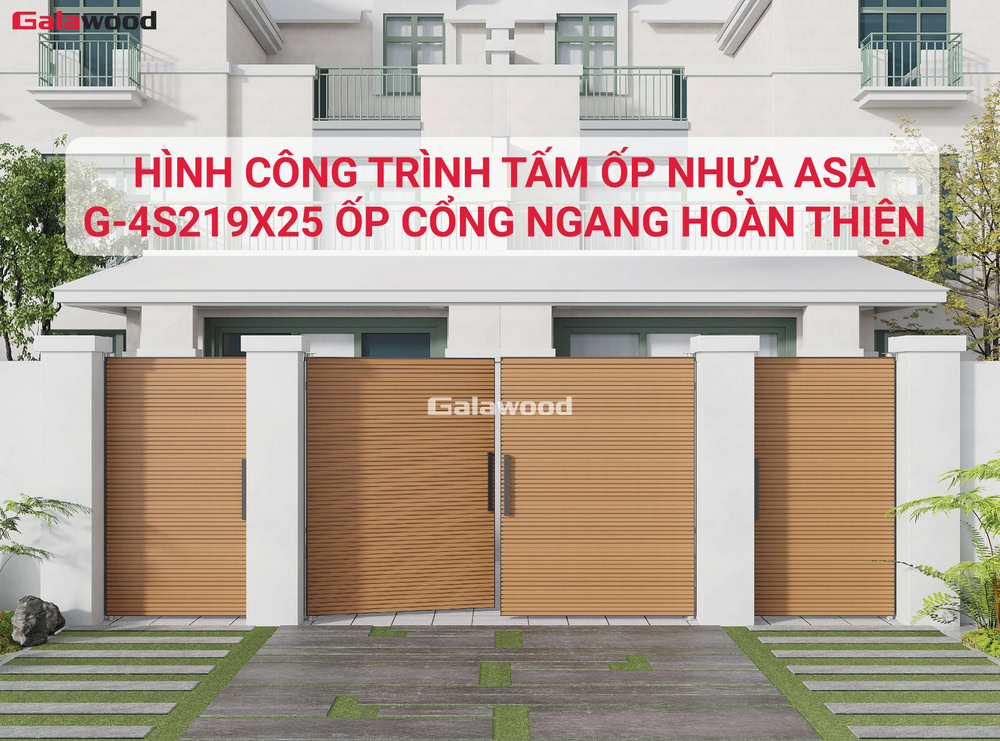 Hình công trình thi công lam 4 sóng nhựa ASA G-4S219X25 ốp ngang lên cổng hoàn thiện