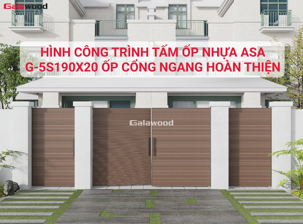 Hình công trình thi công lam 5 sóng nhựa ASA G-5S190X20 ốp ngang lên cổng hoàn thiện