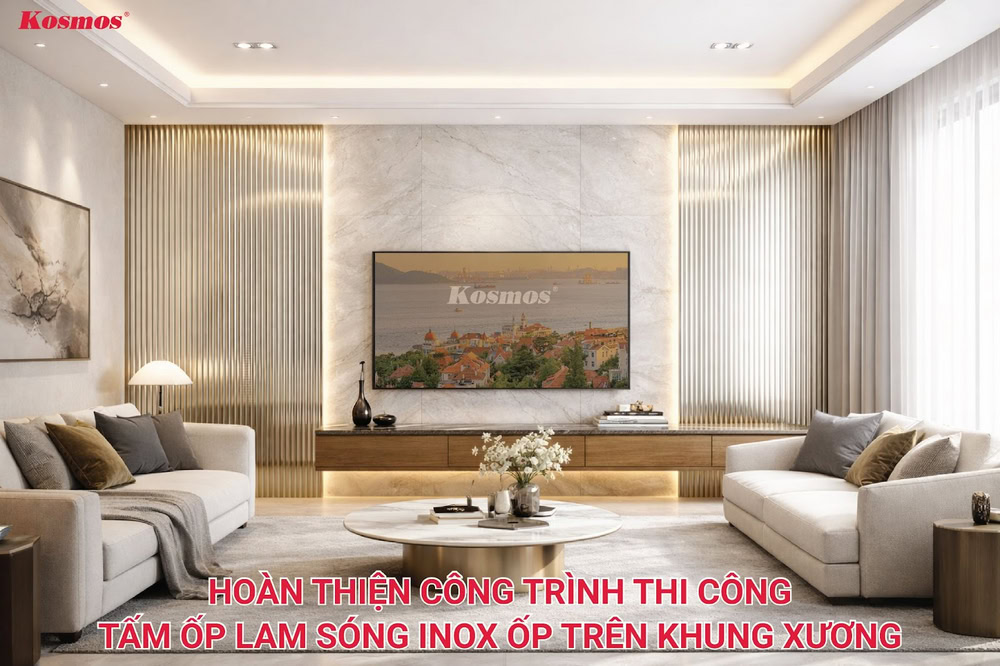 Hình công trình thi công lam sóng inox trên khung xương hoàn thiện