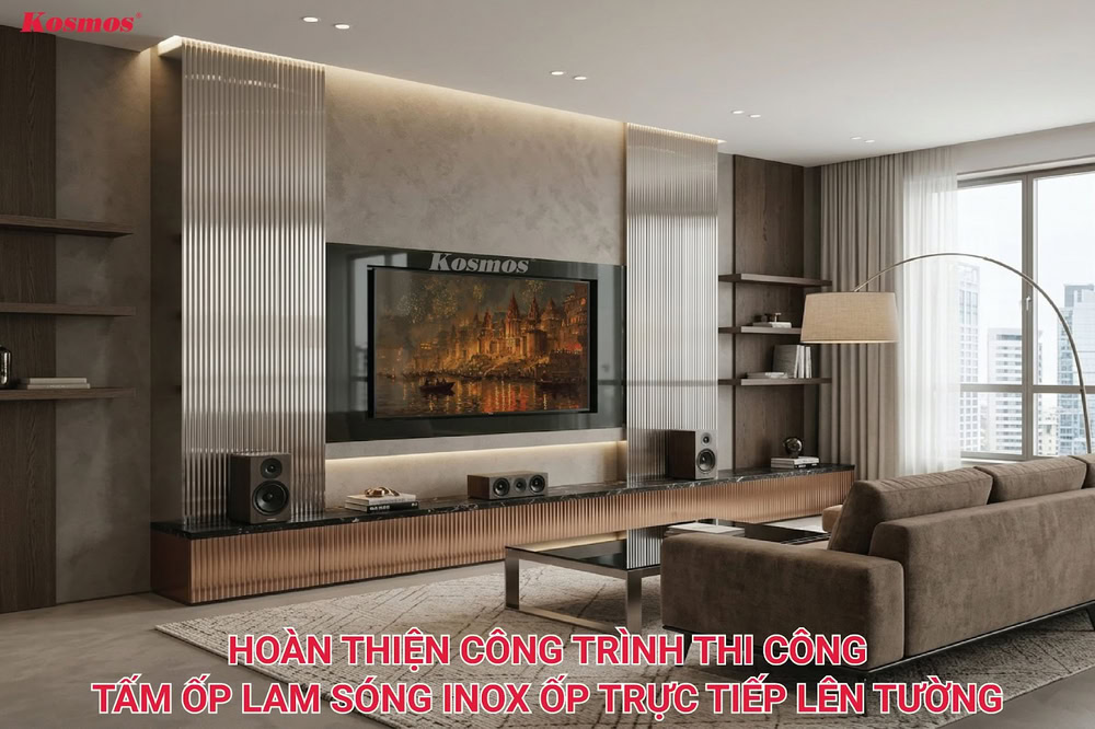Hình công trình thi công lam sóng inox trực tiếp trên tường hoàn thiện