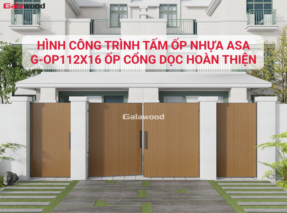 Hình công trình thi công tấm ốp nhựa ASA G-OP112X16 ốp dọc lên cổng hoàn thiện