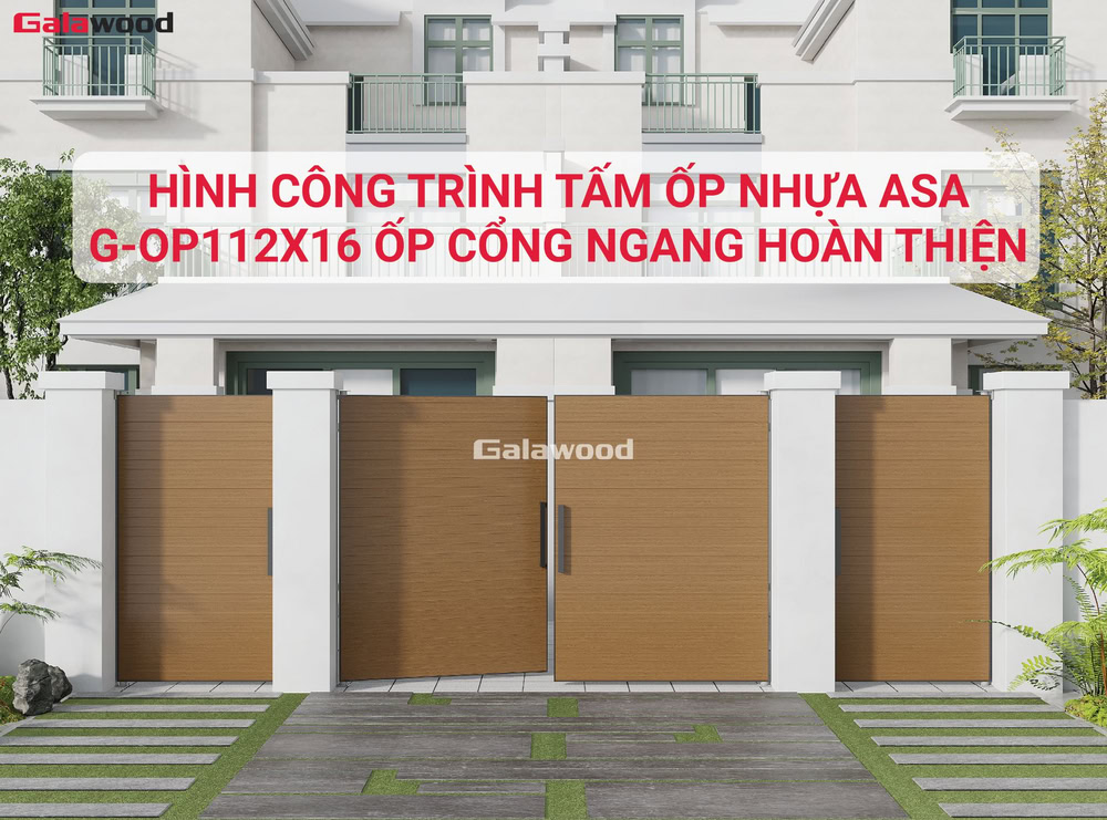 Hình công trình thi công tấm ốp nhựa ASA G-OP112X16 ốp ngang lên cổng hoàn thiện