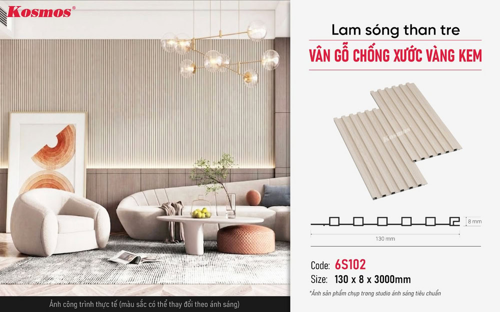 Hình công trình ứng dụng tấm ốp lam sóng than tre vân gỗ vàng kem 6S102