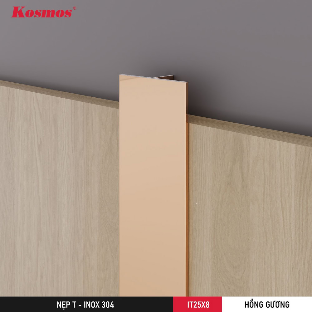 Hình lắp đặt nẹp T inox 25x8mm màu hồng gương