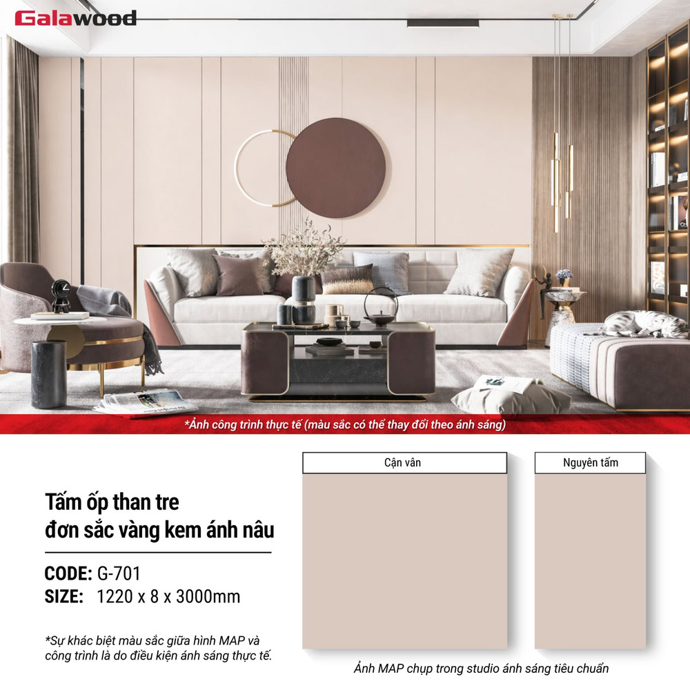 Hình ứng dụng tấm ốp than tre đơn sắc vàng kem ánh nâu G-701