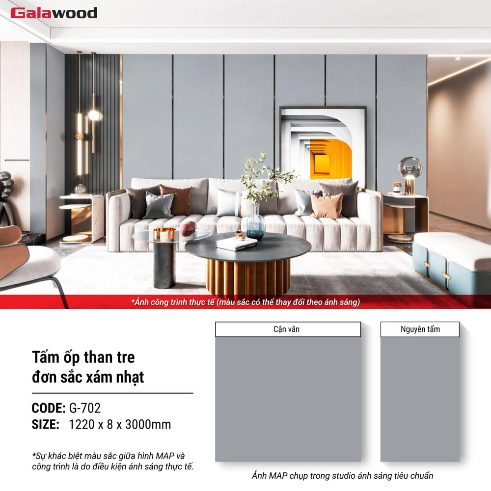 Hình ứng dụng tấm ốp than tre đơn sắc xám nhạt G-702