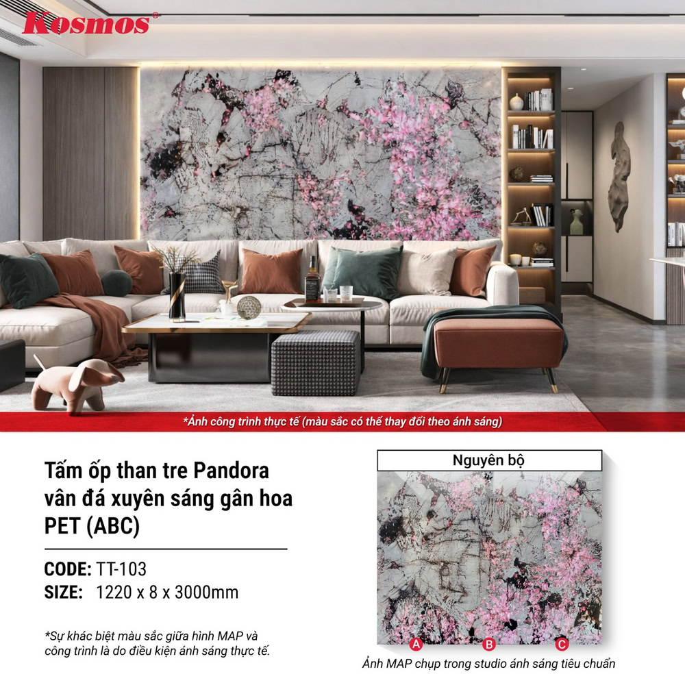 Hình ứng dụng tấm ốp than tre Pandora vân đá xuyên sáng gân hoa TT-103