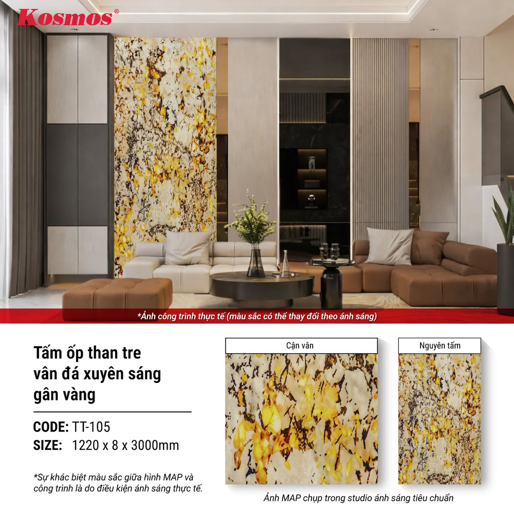 Hình ứng dụng tấm ốp than tre vân đá xuyên sáng gân vàng TT-105