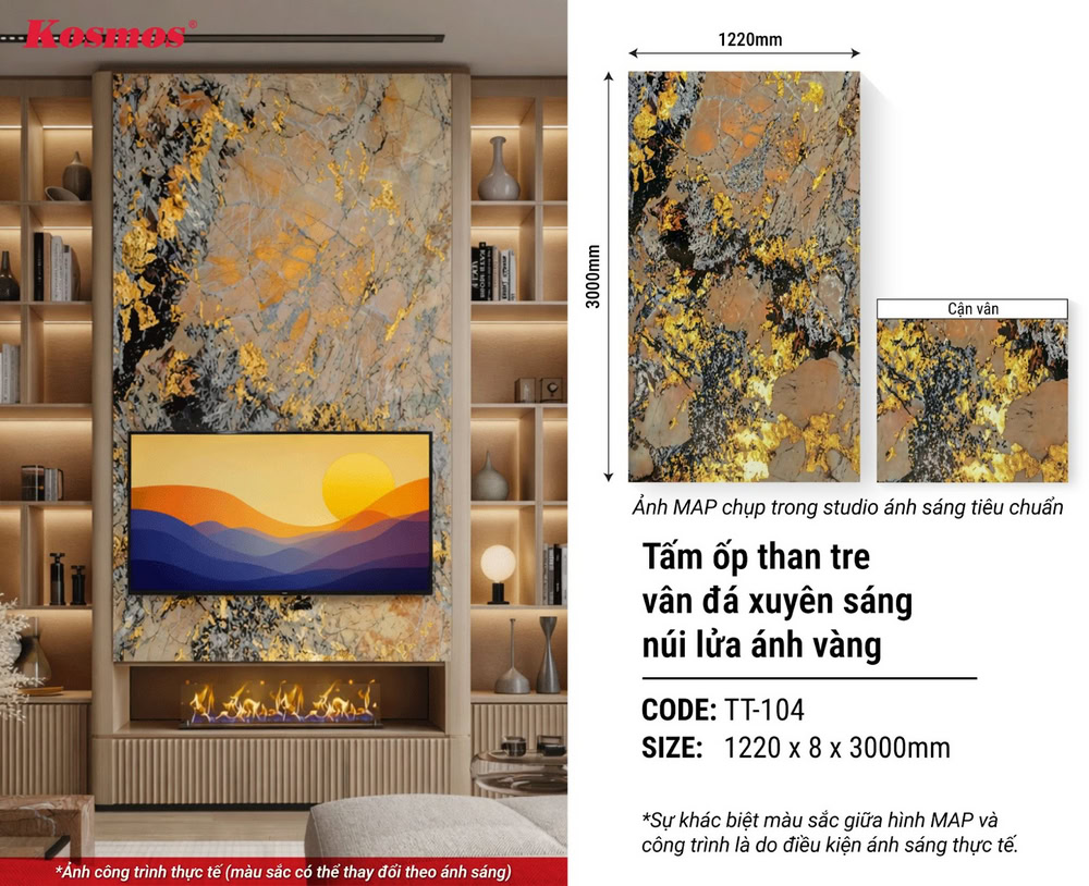 Hình ứng dụng tấm ốp than tre vân đá xuyên sáng núi lửa ánh vàng TT-104