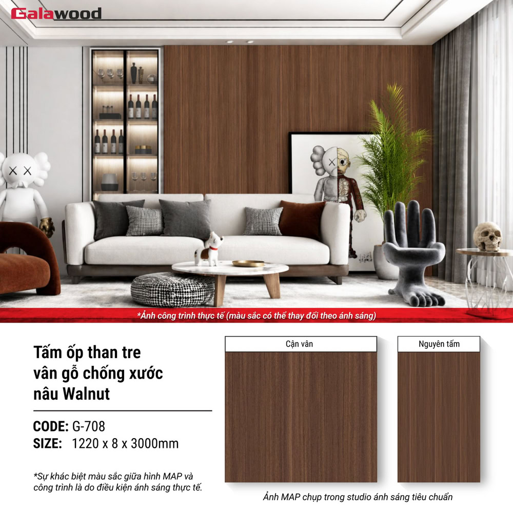 Hình ứng dụng tấm ốp than tre vân gỗ chống xước nâu walnut G-708 Hình ứng dụng tấm ốp than tre vân gỗ chống xước nâu walnut G-708