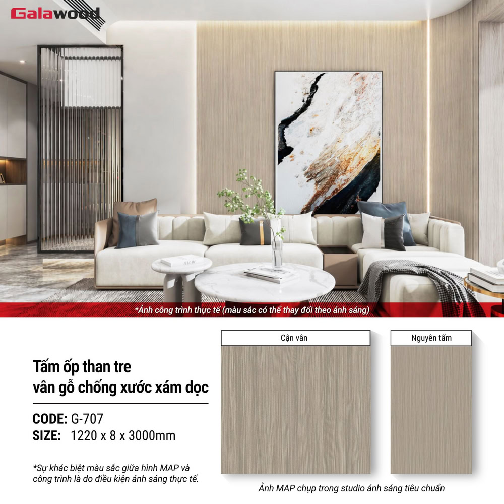 Hình ứng dụng tấm ốp than tre vân gỗ chống xước xám dọc G-707