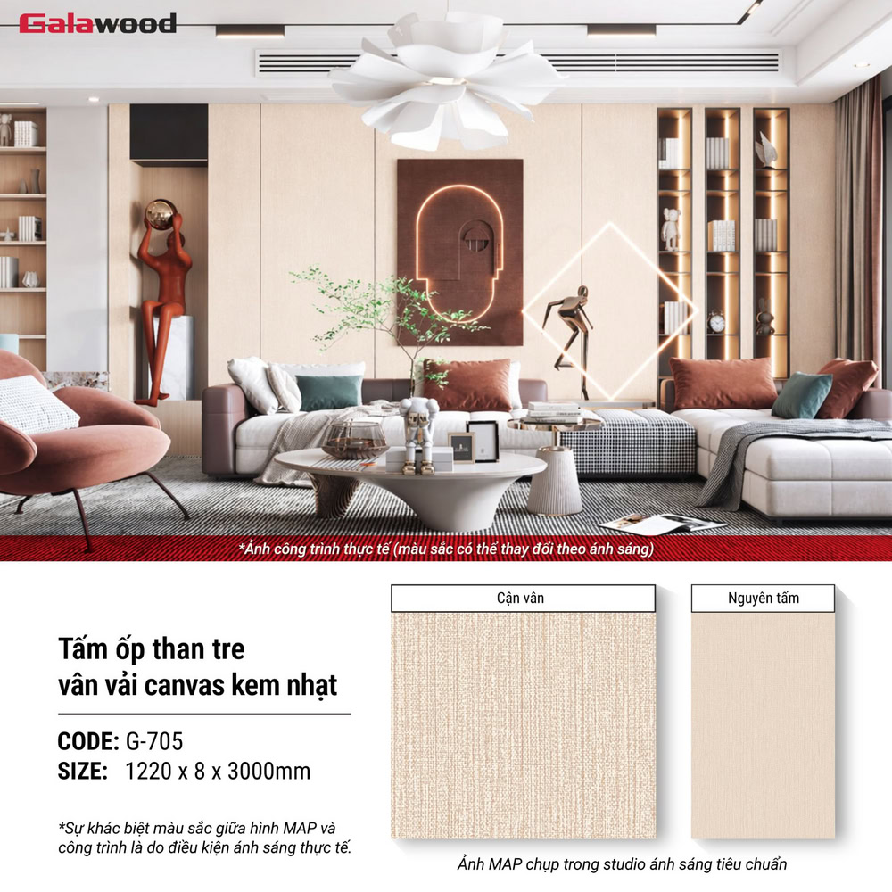 Hình ứng dụng tấm ốp than tre vân vải canvas kem nhạt G-705 Hình ứng dụng tấm ốp than tre vân vải canvas kem nhạt G-705