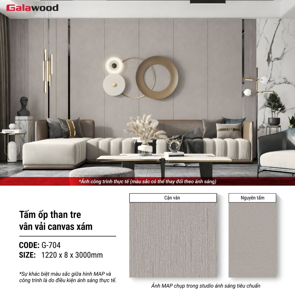 Hình ứng dụng tấm ốp than tre vân vải canvas xám G-704