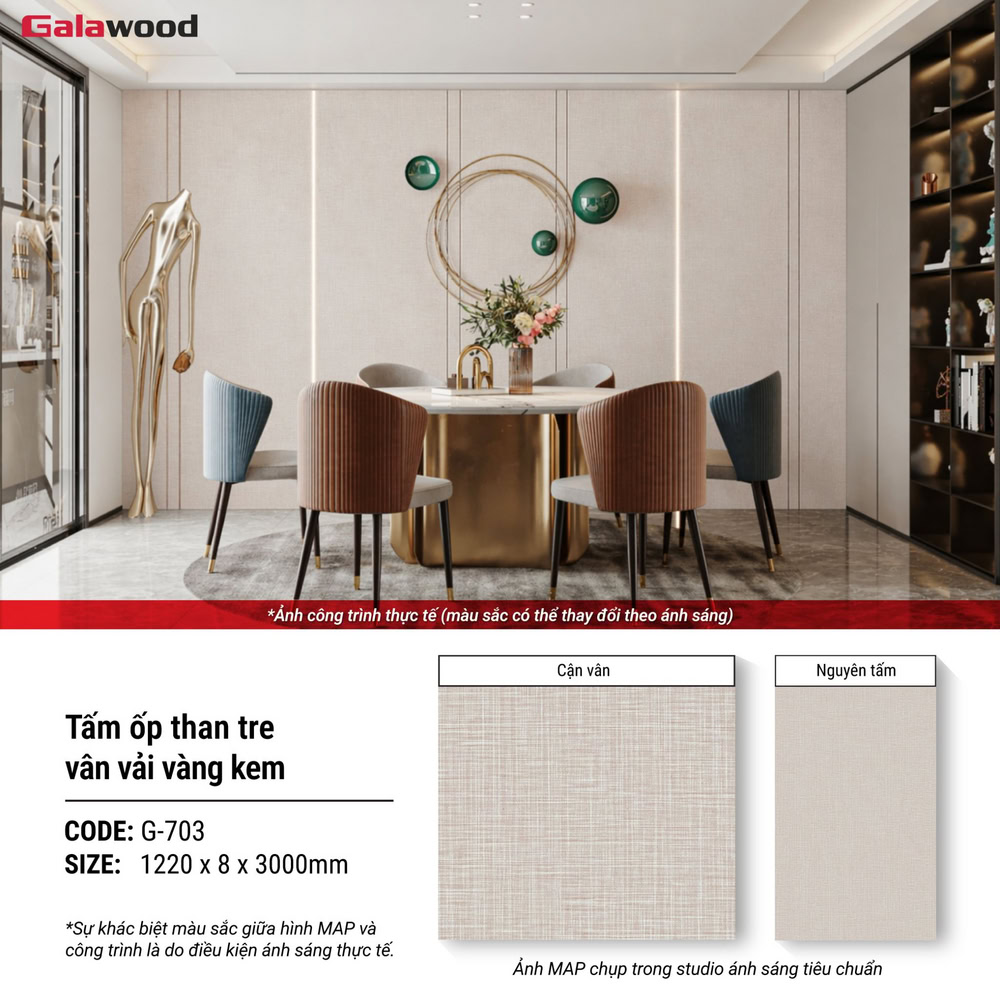 Hình ứng dụng tấm ốp than tre vân vải vàng kem G-703