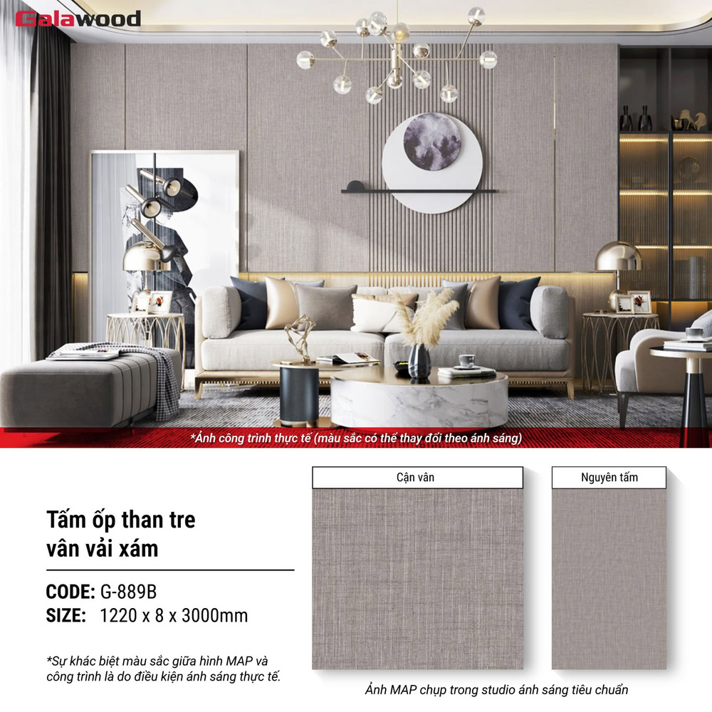 Hình ứng dụng tấm ốp than tre vân vải xám G-889B