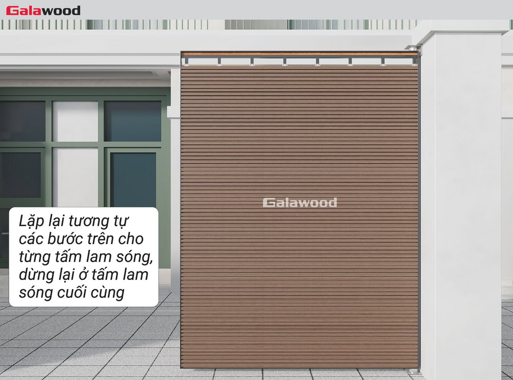 Ốp ngang cổng G-5S190X20: Lặp lại tương tự các bước trên cho từng tấm ốp đến gần hết cổng