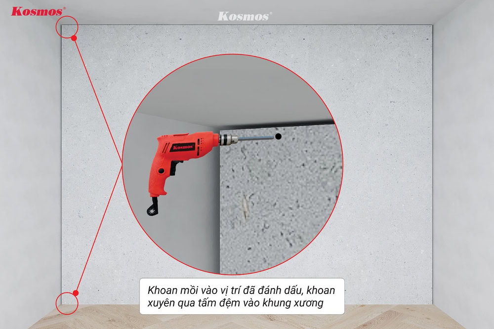 Khoan mồi lên thanh xương, tại vị trí bắt vít cố định lam sóng inox