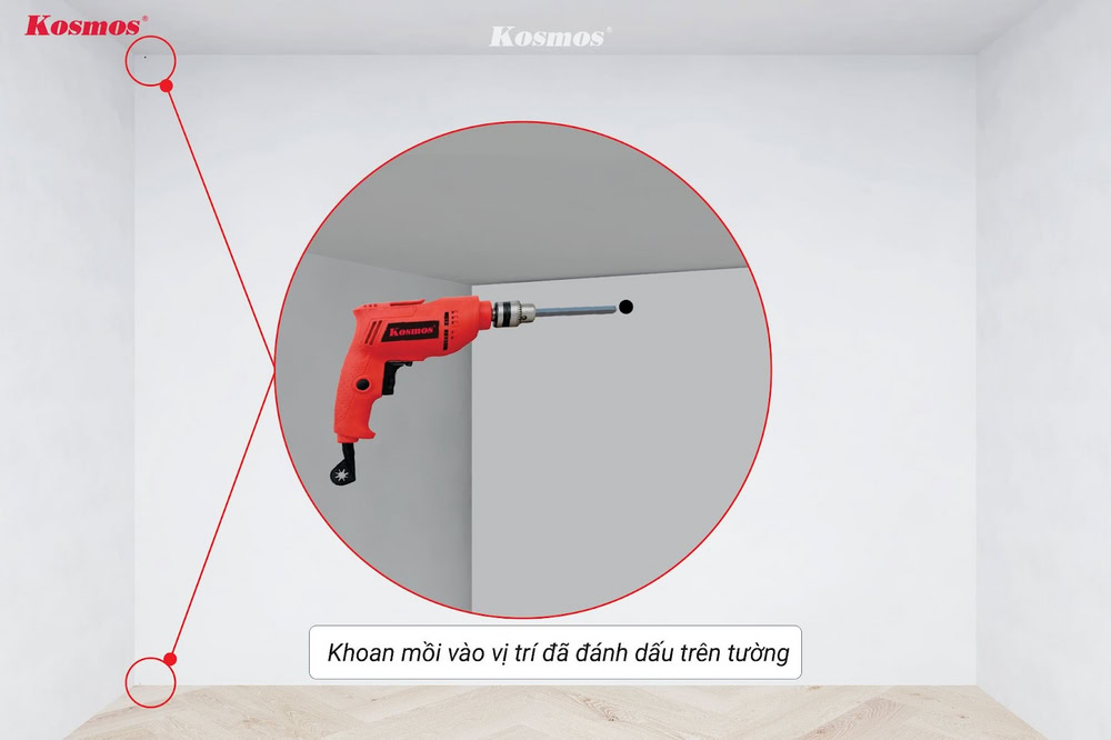 Khoan mồi lên tường, tại vị trí bắt vít cố định lam sóng inox