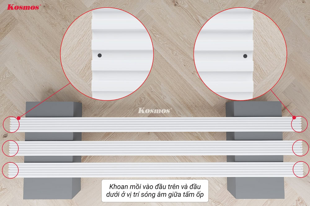 Khoan mồi vào sóng âm 2 đầu trên và dưới tấm ốp