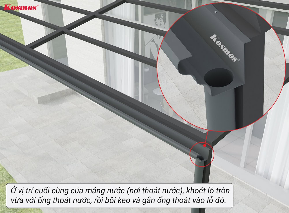 Khoét lỗ ở vị trí cuối cùng trên máng để gắn ống thoát nước