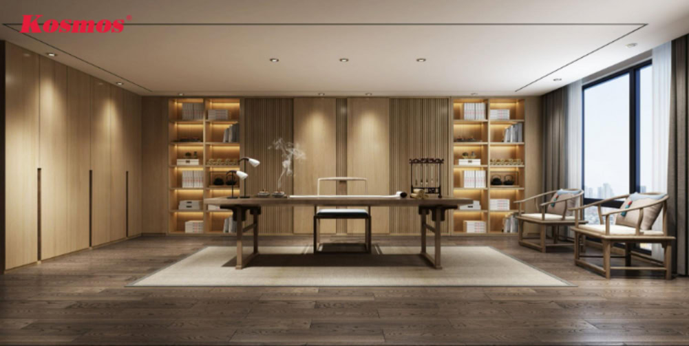 Khu vực làm việc đẳng cấp với điểm nhấn là tấm ốp đa năng sợi than tre vân gỗ, kết hợp hệ đèn LED