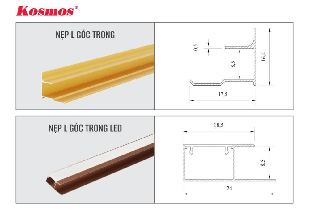 Kích thước nẹp L nhôm góc trong