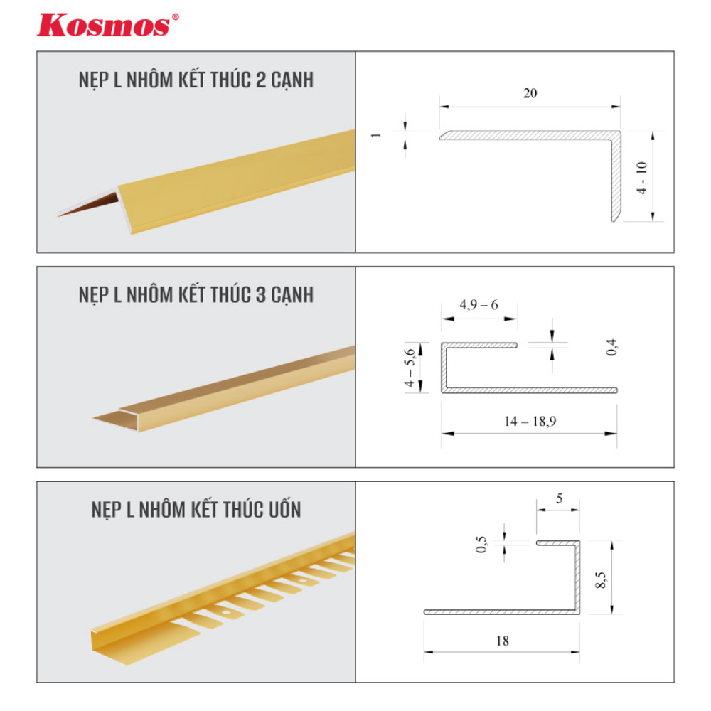 Kích thước nẹp L nhôm kết thúc