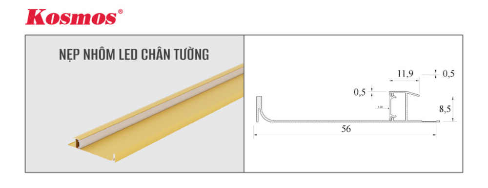Kích thước nẹp nhôm LED chân tường