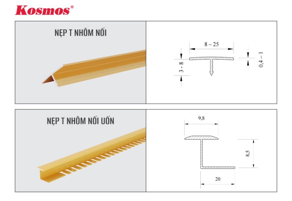 Kích thước nẹp T nhôm nối