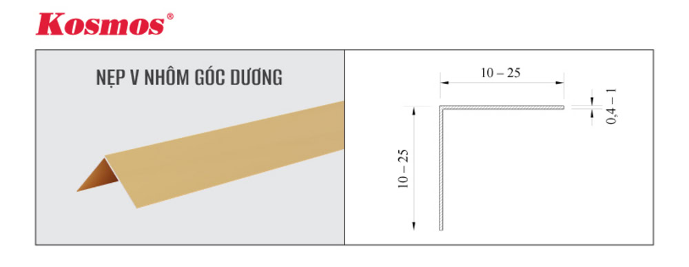 Kích thước nẹp V nhôm góc dương