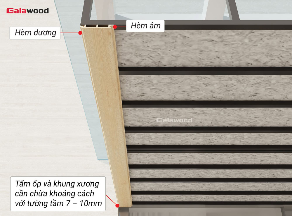Lắp đặt hèm dương tấm ốp G-OP112X16 đầu tiên sát rìa khung xương, hèm âm hướng ra ngoài