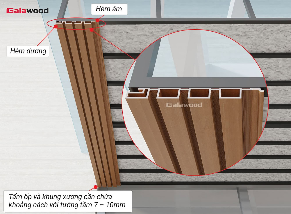 Lắp đặt hèm dương tấm ốp lam sóng G-4S219X25 đầu tiên sát rìa khung xương, hèm âm hướng ra ngoài