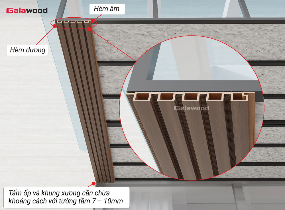 Lắp đặt hèm dương tấm ốp lam sóng G-5S190X20 đầu tiên sát rìa khung xương, hèm âm hướng ra ngoài
