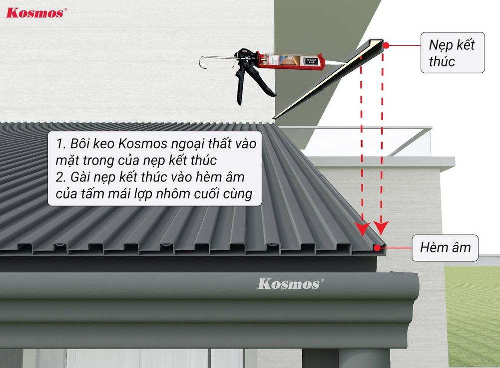 Lắp đặt nẹp kết thúc vào hèm âm cuối cùng của mái lợp nhôm