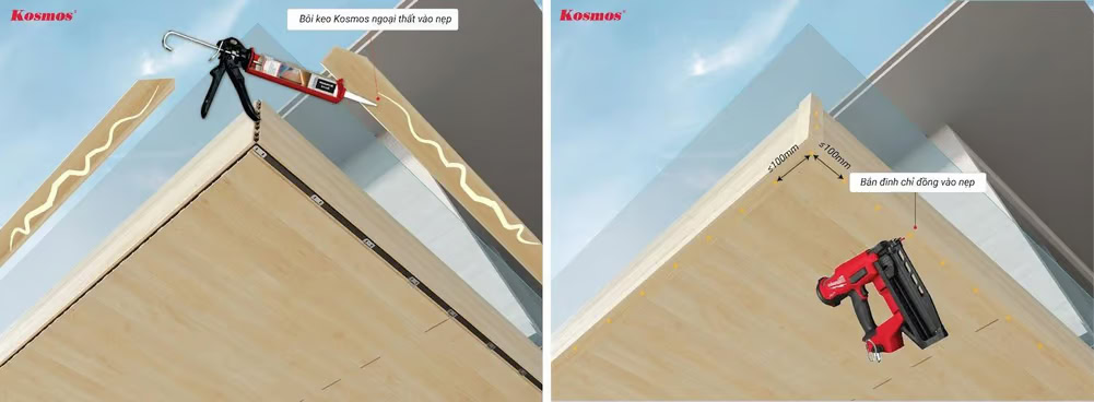 Lắp đặt nẹp V gỗ nhựa bằng keo và súng bắt đi với đinh chỉ đồng