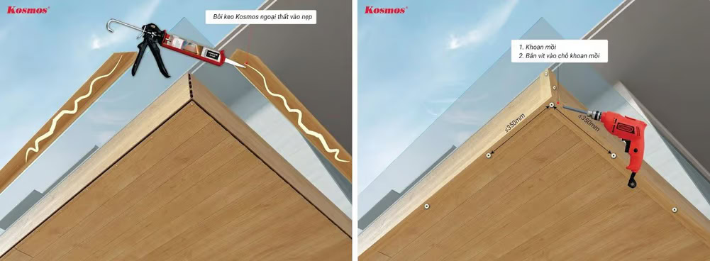 Lắp đặt nẹp V gỗ nhựa bằng keo và vít inox đuôi cá