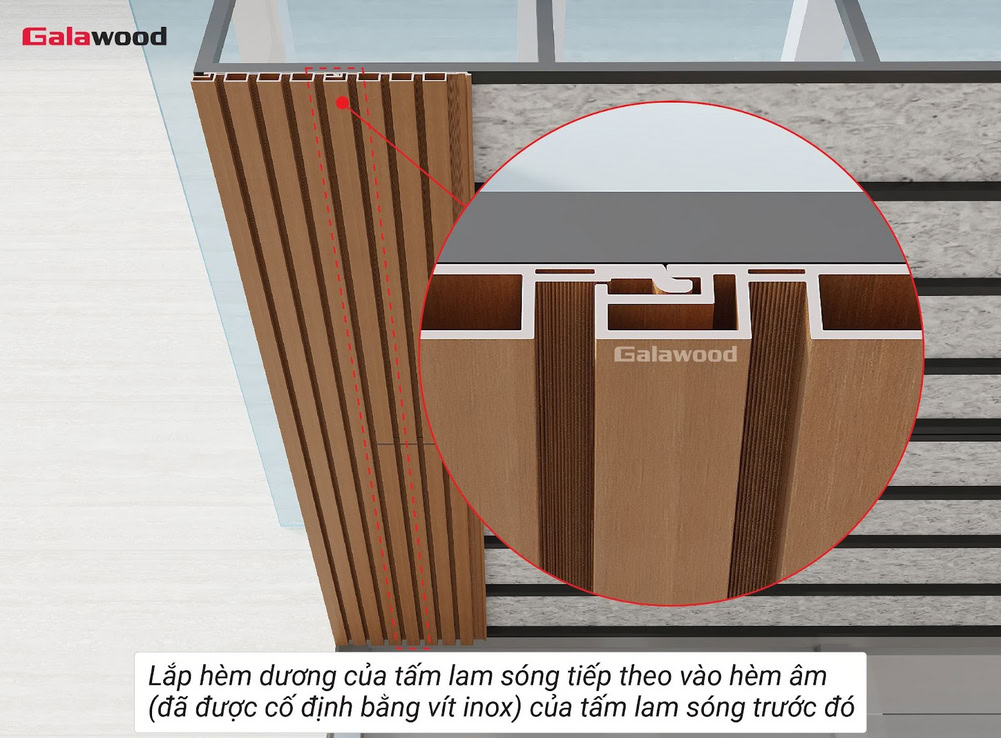 Lắp hèm dương vào hèm âm tấm ốp lam sóng G-4S219X25 lên khung xương dưới mái kính, poly, tôn