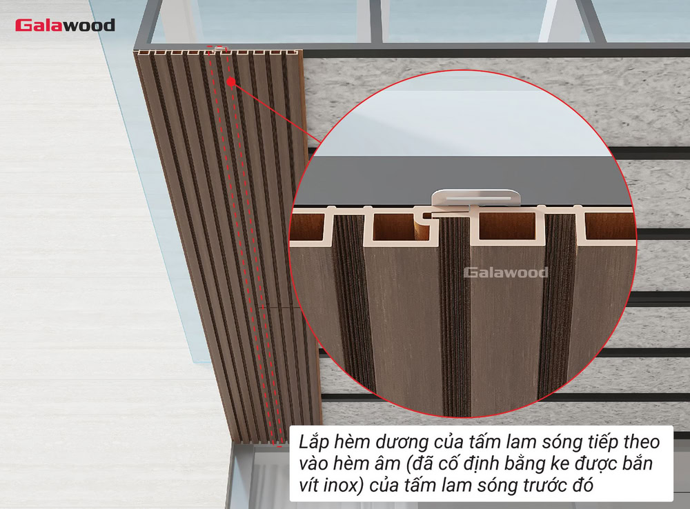 Lắp hèm dương vào hèm âm tấm ốp lam sóng G-5S190X20 lên khung xương dưới mái kính, poly, tôn