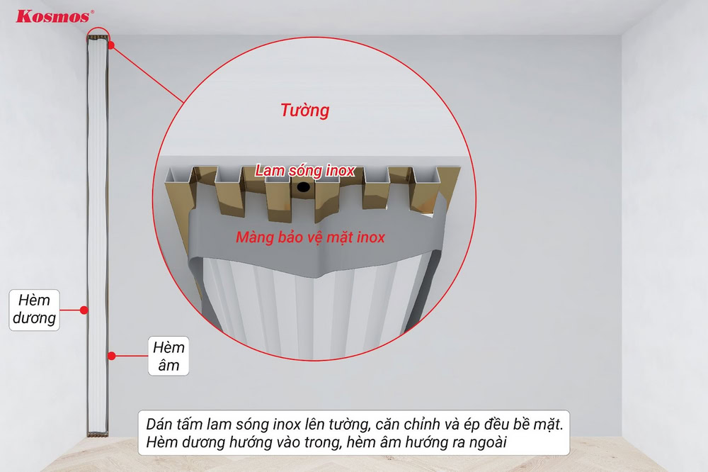 Lắp tấm inox đầu tiên, hèm dương hướng vào trong, hèm âm hướng ra ngoài