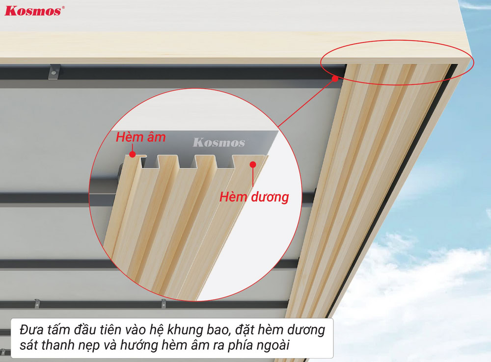 Lắp tấm ốp lam sóng nhôm đầu tiên vào hệ khung bao