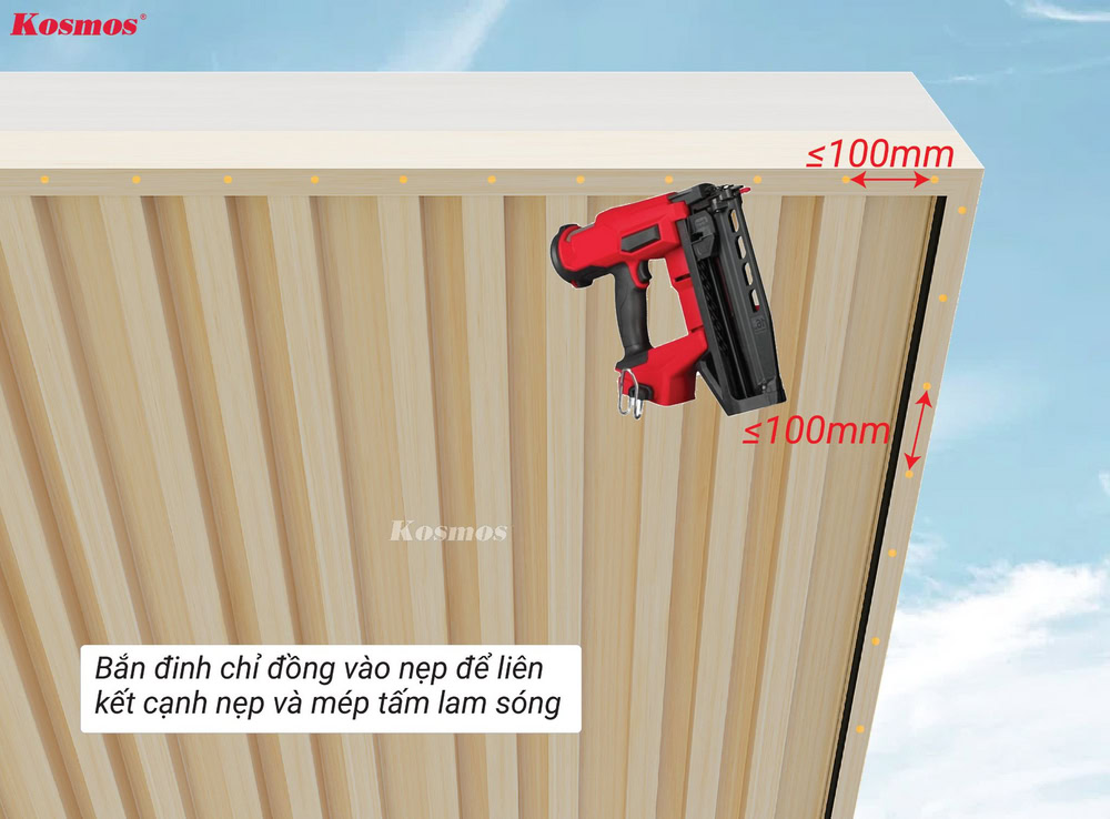 Liên kết cạnh nẹp và mép tấm lam sóng bằng đinh chỉ đồng