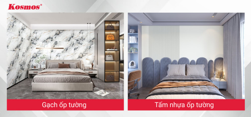 Mẫu tường phòng ngủ ốp gạch và tấm nhựa